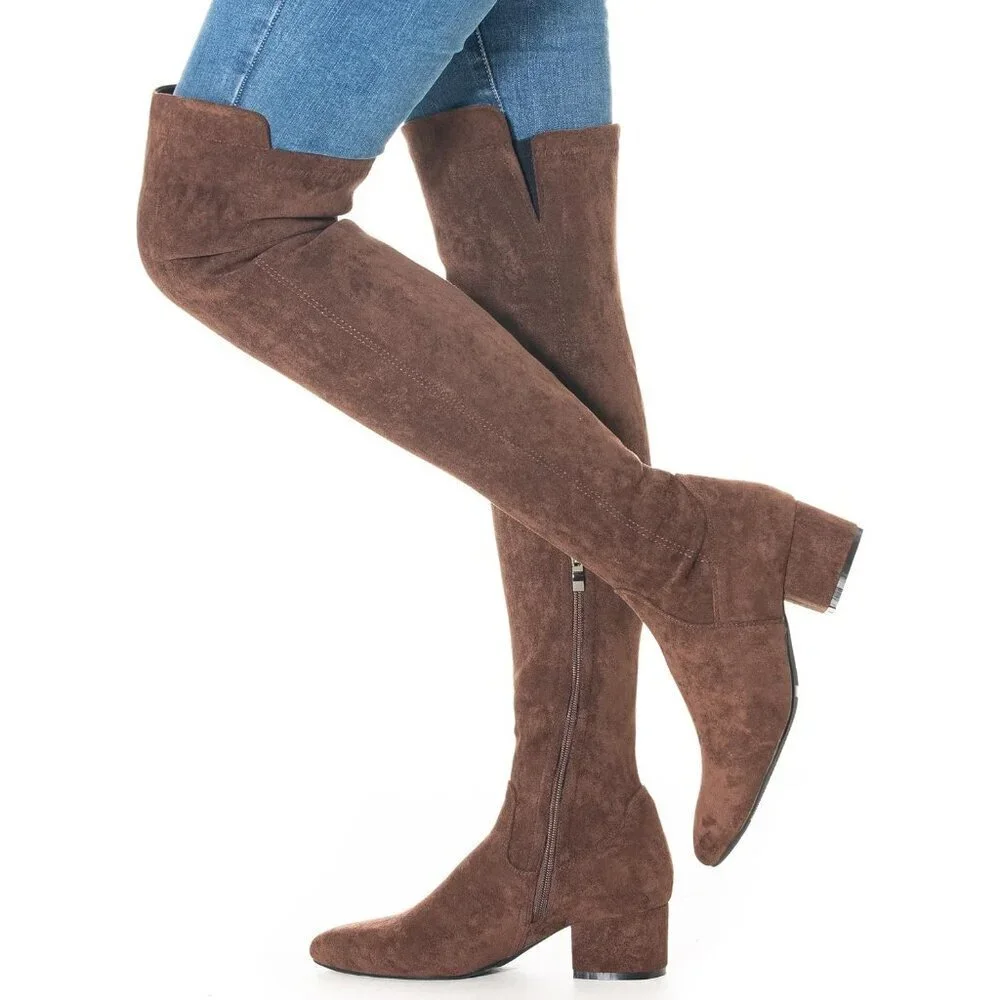 Women Coffee\2 Ihch Suede Over the Knee Thigh High Chunky Block Heel Boots